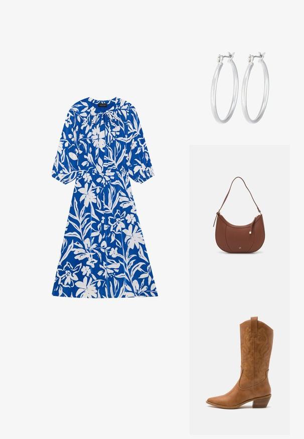 Blå blommig klänning med vita blomster mönster, långa ärmar, samlad halsringning och elastisk midja. Slät tyg med en avspänd passform.; Bruna lädercowboystövlar med spetsig tå, broderade virvelmönster på skaftet och en staplad blockklack. Har en dragflik för enkel påtagning.; Brun faux läder axelväska med rundad form, minimal sömnad och detaljer i guldfärgad hårdvara. Har en övre dragkedjestängning och justerbar rem.; Silverfärgade hoopörhängen med en slät, polerad yta. Rund form och säker klickstängning. Lättviktig design som passar för vardagligt bruk.