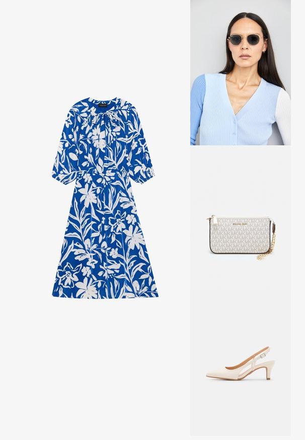 Plava haljina s cvjetnim uzorkom koja sadrži bijele cvjetne obrasce, dugačke rukave, naboranu izrez i elastični struk. Glatka tkanina i opušteni kroj.; Bijela slingback peta s oštrim vrhom, glatkim gornjim materijalom, niskom blok peta te dizajnom s bočnim izrezom i podešivom kopčom.; Ok Runde sunčane naočale s tamnim staklima i zlatnim okvirom. Model nosi svijetloplavi rebrasti kardigan s gumbima i kontrastnim bijelim rukavima.; Michael Kors novčanik na zapešću u bež premazanoj tkanini s ponavljajućim uzorkom MK loga, zlatnim hardverom i odvojivim lancem za nošenje.