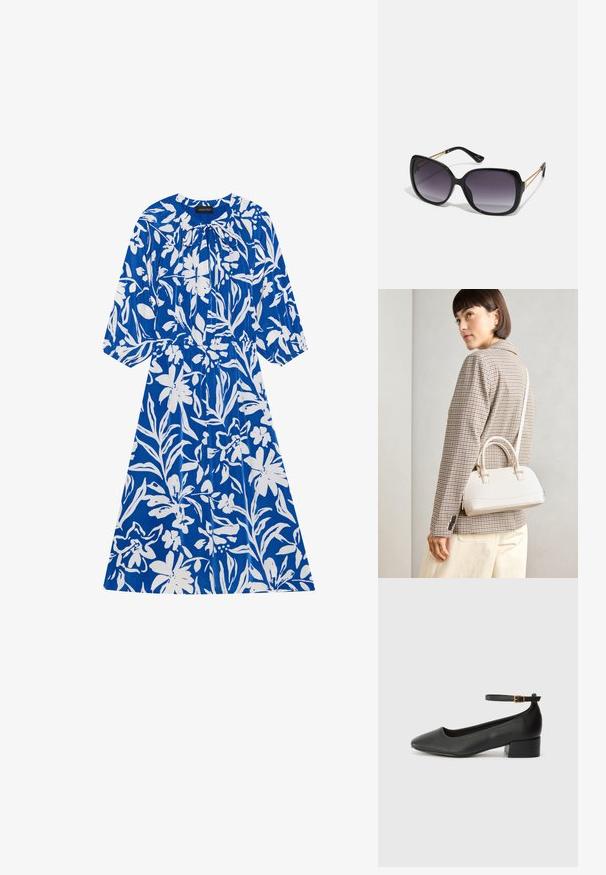 Blå blomsterkjole med hvite blomster mønstre, lange ermer, samlet halslinning og elastisk midje. Glatt stoff med avslappet passform.; Sorte skinnpumper med spiss tå og lav blokkhelt. Har ankelrem med gullfarget spenne. Glatt tekstur.; Sorte oversized solbriller med gradient linser, tykke rammer og detaljering med gulltonekjede på tempelarmene.; Hvit strukturert håndveske med korte håndtak og skulderreim, med detaljer i gullfinish og teksturert materiale, vist mot en grå bakgrunn.