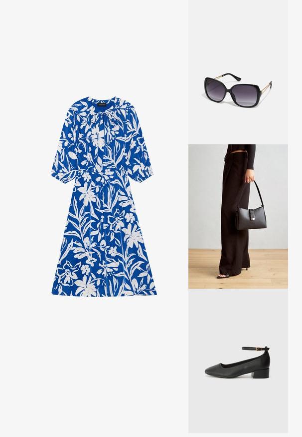 Modrá kvetinová šaty s bielymi kvetinovými vzormi, dlhými rukávmi, naberaným výstrihom a elastickým pásom. Hladká tkanina s voľným strihom.; Čierne kožené lodičky s špicatou špičkou a nízkym blokovým podpätkom. Obsahuje remienok okolo členka so zlatým prackou. Hladký povrch.; Čierne oversized slnečné okuliare s gradientovými sklíčkami, hrubými rámami a zlatým retiazkovým detailom na stranách.; Čierna kabelka so štruktúrovaným tvarom, hladkou textúrou a kovovou sponou. V kombinácii so širokými čiernymi nohavicami a sandálmi s otvorenou špičkou na drevenej podlahe.