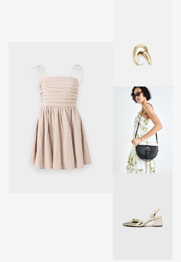 Robe à carreaux Vichy beige et blanc, avec un corsage smocké, des bretelles réglables et une jupe évasée.; Talons aiguilles dorés métalliques avec un bout pointu et un talon épais. Texture lisse, design minimaliste et une fine bride.; Sac à main en cuir noir avec une forme courbée, bandoulière amovible et des accessoires en or. Le sac est doté d'un rabat avec un détail de boucle.; Boucle d'oreille en métal doré avec un design élégant et courbé. Présente une forme conique distinctive, une surface polie et une fermeture à charnière.