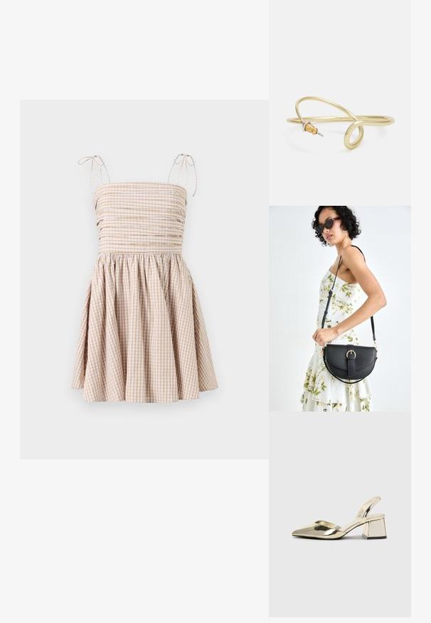 Bež jahtiga kontroll dress, millel on smockitud rinnaosa, reguleeritavad sidumisrihmad ja laienev seelik.; Kuldne, metallilised slingback-kudumid terava varba ja paksu kontsaga. Sile tekstuur, minimalistlik disain ja kitsas rihm.; Mustmust mustraha kõverate joontega, eemaldatava rihmaga ja kuldsete detailidega. Kotil on klapp, millel on pandladetail.; Kuldne metallist käevõru, millel on voolav ja kõver disain. Ühel otsal on väike, silmapaistev hõbedane aktsent.