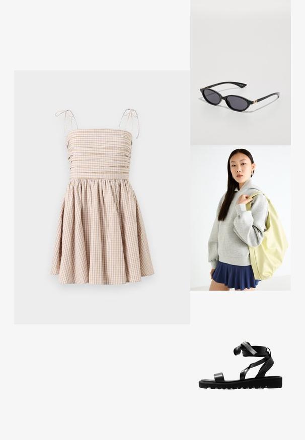 Šaty s gingham kostkovaným vzorem v béžové a bílé barvě, se smockovaným živůtkem, nastavitelnými šňůrkami a naznačenou sukní.; Černé sandály s texturovanou podrážkou, s úzkými pásky a uzlovým designem. Vyrobené z lesklého materiálu, moderního tvaru a s otevřenou špičkou.; Černé sluneční brýle s oválnými čočkami, tmavým gradientním zabarvením a štíhlými rameny s jemnými zlatými akcenty. Hladký plastový povrch.; Šedá oversized mikina s klokaní kapsou, spárovaná s námořnickou áčkovou sukní. Doplňky: velký světle žlutý batoh s hladkým povrchem.