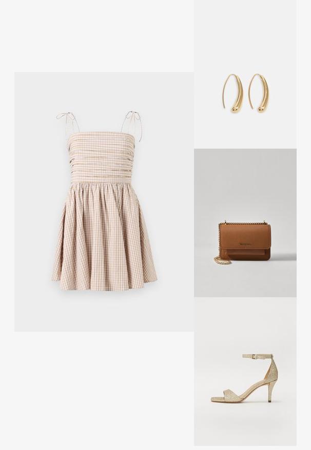 Gingham check dress in beige and white, with a smocked bodice, adjustable tie straps, and a flared skirt.; Gold glitter high-heel sandal with an ankle strap, open toe, and square-shaped front. Features a slim, tapered heel for elevation.; Brown textured leather crossbody bag with gold chain strap and flap closure. Front features logo detail and a pocket under the flap.; Gold-tone metal hoop earrings with a curved, elongated shape. Features a smooth, shiny surface and a rounded tip for added detail.