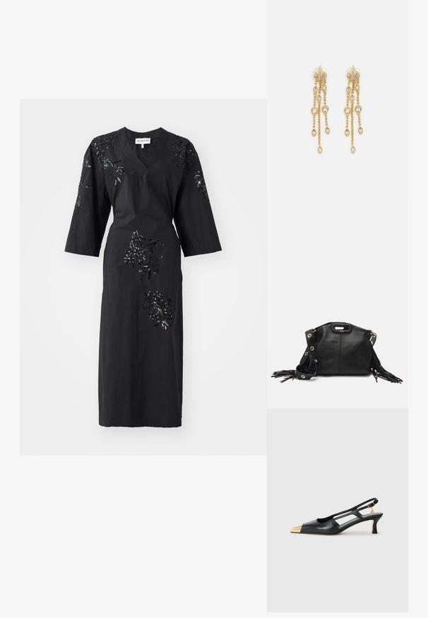 MUNTHE SYRUS - Rochie cocktail/Rochie petrecere - black; Pantofii slingback din piele neagră, cu vârful ascuțit și vârf metalic auriu. Prezintă un design cu decupaje și un toc subțire cu curea ajustabilă.; Maje MISS MINI - Geantă crossbody - noir; Cercei aurii cu multiple lanțuri suspendate, având accente din rhinestone ovale clare și capete decorative cu tighel.