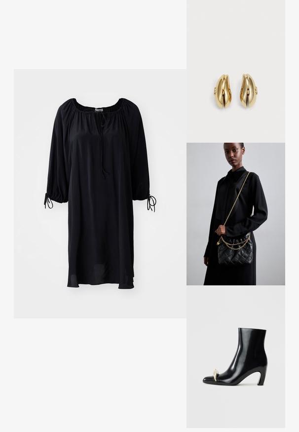 Fekete, térd hosszúságú ruha, kereknyakú fazonnal, zsinórral záródik, és puffos ujja van, melyen megkötős rész található a mandzsettán. Simább szövet textúra.; Fekete bokacsizma fényes bőrből, hegyes orral és díszes arany- és ezüstszínű részlettel az elején. Tömör sarok kialakítás.; Fekete steppelt bőr kézitáska gyűrt toppal, arany lánc vállpánttal és téglalap alakú formával, egyszerű háttér előtt tartva.; Aranyszínű fülbevalók, amelyek áramló, ívelt formájúak. Minden fülbevaló sima felülettel és egy kis kapoccsal rendelkezik, amely dekoratív részletet tartalmaz.