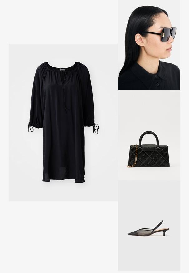 Fekete, térd hosszúságú ruha, kereknyakú fazonnal, zsinórral záródik, és puffos ujja van, melyen megkötős rész található a mandzsettán. Simább szövet textúra.; NEOUS IRENA - Klasszikus sarkú cipők - black; Tory Burch Napszemüvegek - black/dark grey; Fekete kézitáska texturált bőrből, gyémántmintázattal, aranyszínű láncos pánttal és logóval gravírozott fedélzárral ellátott felső fogantyúval.