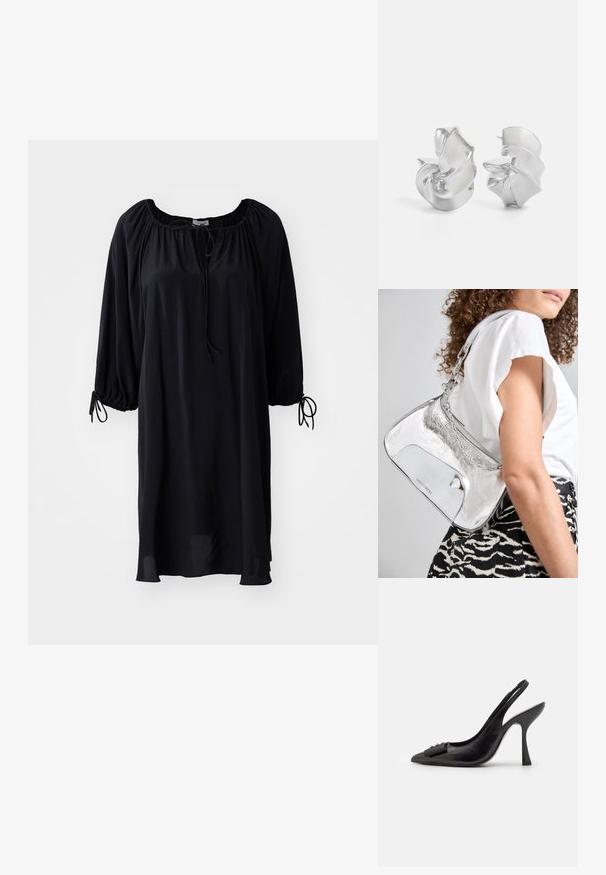 Juoda, iki kelių ilgio suknelė su apvaliu iškirpimu, raišteliu uždarymui ir pūstomis rankovėmis su užrišimų detalėmis ant riešų. Lygus audinio paviršius.; Juoda odinė slingback tipo avalynė su smailiu pirštu, siauru aukštu kulnu ir dekoratyvine kaspino akcentu. Lygi tekstūra ir elegantiškas dizainas.; Sidabro spalvos metalinė peties kuprinė su lygiu paviršiumi, išlenkta forma, grandinėlės rankena ir blizgiu priekiu, kuriame subtiliai išgraviruotas logotipas.; Sidabriniai auskarai su tekamu, spiraliniu dizainu. Lygus paviršius su blizgiu apdaila. Yra švelni blizgesys ir jokie matomi papuošimai.