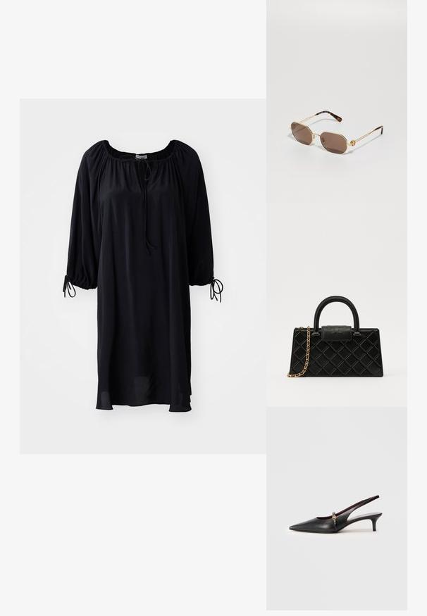 Svart, knälång klänning med rundad halsringning, dragsko-stängning och puffärmar med knytdetaljer vid ärmsluten. Slät tygtextur.; Svart läderslingback med spetsig tå, tunn klack och en guldaccent vid vristremmen. Slät yta och enkelt design.; Tory Burch Solglasögon - shiny gold-coloured; Svart handväska i strukturerad läder med diamantmönster, guldfärgad kedjestrapsrem och ett topphandtag med logotyp-präglad lockstängning.