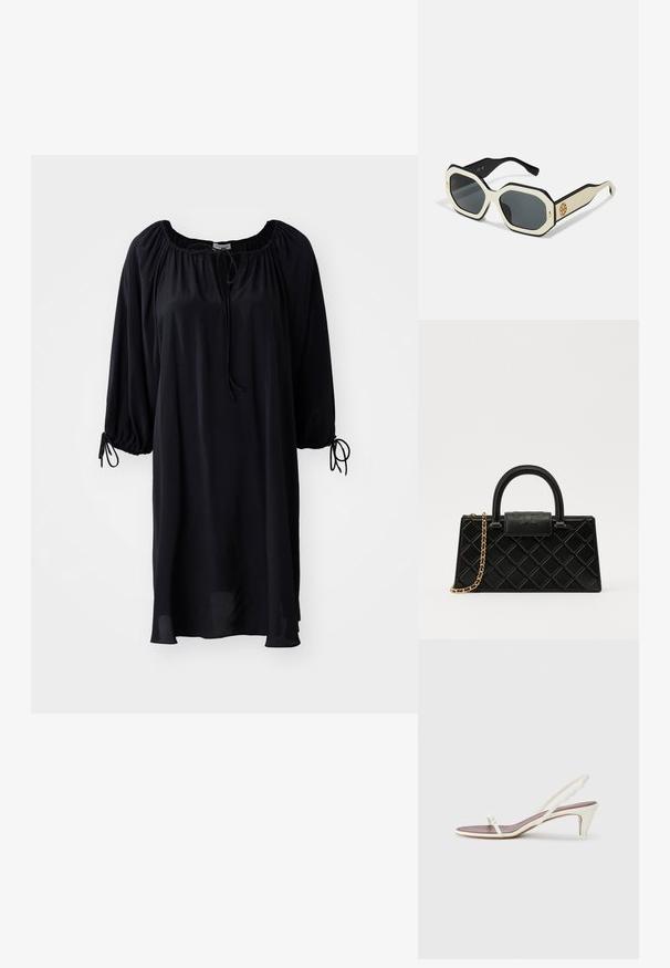 Musta, polvimittainen mekko, jossa on avara pääntie, nauhakiinnitys ja puffihihat, joissa on solkiyksityiskohdat hihansuissa. Sujuva kankaan pinta.; Valkoiset nilkkaketjulliset sandaalit, joissa on pieni korko, ohuet hihnat ja sileä nahkapinta; varustettu pienellä koristeellisella soljella.; Aurinkolasit, joissa on oktaalinen valkoinen kehys, mustat reunat ja harmaat linssit. Kullanvärinen logotietue sivussa lisää yhtenäisen akcentin.; Mustaväri käsilaukku, joka on valmistettu teksturoidusta nahasta ja jossa on timanttikuvio, kultasävyinen ketjuolkaintassa ja pääkahva, jossa on logolla painettu läppä.