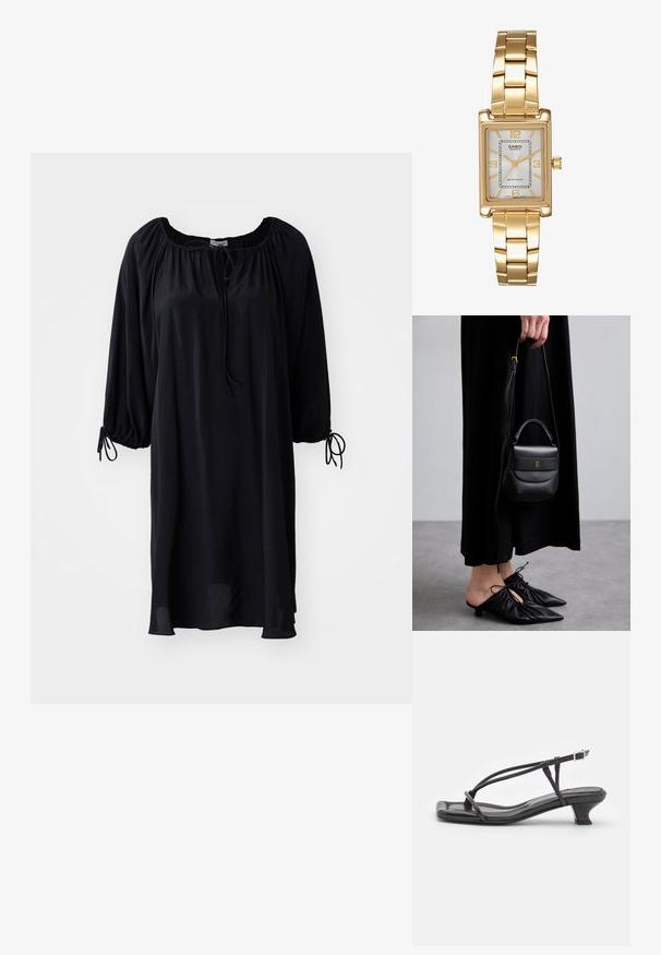 Juoda, iki kelių ilgio suknelė su apvaliu iškirpimu, raišteliu uždarymui ir pūstomis rankovėmis su užrišimų detalėmis ant riešų. Lygus audinio paviršius.; Juodas odinis šlepetės su plonomis dirželiu, mažu blokuoju kulnu ir kvadratiniu pirštu. Yra sagties uždarymas ir lygus paviršius.; Maža juoda odinė rankinė su apvalia forma, viršutine rankena ir nuimama dirželiu. Nešiojama su juoda audinio suknele ir juodais klostuotais bateliais.; Aukso spalvos kvadratinis laikrodis su baltu ciferblatu, sidabro spalvos valandų žymekliais ir patvariu metaliniu apyrankiu. Įtrauktas vandeniui atsparus funkcionalumas.