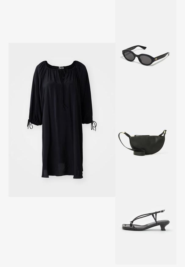 Fekete, térd hosszúságú ruha, kereknyakú fazonnal, zsinórral záródik, és puffos ujja van, melyen megkötős rész található a mandzsettán. Simább szövet textúra.; Fekete bőr szandál vékony pántokkal, alacsony blokk sarkú és négyzetes orrú. Csattal záródik és sima textúrájú.; Fekete ovális napszemüveg sötét lencsékkel és fényes műanyag kerettel. Aranyszínű logóval rendelkezik a szárán, amely elegáns és modern megjelenést biztosít.; Fekete bőr keresztpántos táska félhold formában, texturált felülettel, arany cipzárral és lapos pánttal. Kompakt kialakítás, amely a fontos dolgok számára alkalmas.