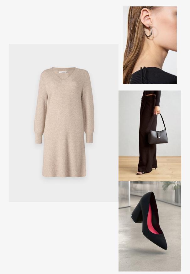 Beige kötött pulóverruha V-alakú nyakkivágással, hosszú puff ujjakkal és laza szabással. Puha anyagból készült, bordázott textúrával.; Fekete magassarkú cipő hegyes orral, textúrált felülettel és élénk rózsaszín béléssel. Vastag sarokkal rendelkezik, ezüst kiegészítővel.; Fekete kézi táska strukturált formával, sima textúrával és fémből készült záródással. Széles fekete nadrággal és nyitott orrú szandállal párosítva, fából készült padlón.; Ez egy ezüst fülbevaló, sima felülettel, amelyen apró arany díszítőelemek találhatók. Kerek formájú és a fülcimpán viselik.