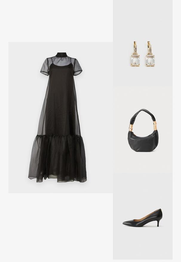 Črna prosojna maksi obleka s kratkimi naborki na rokavih in visokim ovratnikom, ki ima na dnu valovito rob in gladko, lahko teksturo.; Črne usnjene črpalke s koničastim nosom, nizko peto in gladko teksturo. Imajo rahlo odprtino spredaj in minimalno opremo zadaj.; Črna usnjena torbica okrogle oblike, mehke teksture, z vozlanim ročajem in zlatimi kovinskimi dodatki. Zadrga za zapiranje.; Zlato obarvani uhani, ki vsebujejo pravokoten, prozoren kristal, obešen pod vrsto majhnih, okroglih prozornih dodatkov. Elegantna, moderna zasnova.