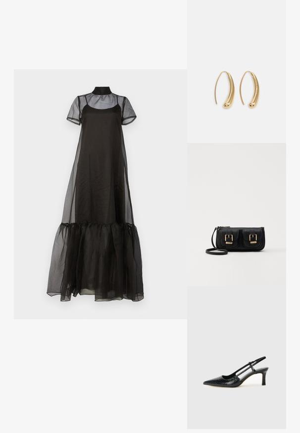 Μαύρο διαφανές μακρύ φόρεμα με κοντά φουσκωτά μανίκια και ψηλό γιακά, που διαθέτει ένα ριχτό τελείωμα στο κάτω μέρος και λεία, ελαφριά υφή.; Μαύρη πατέντα σλινγκμπάκ γόβα με μυτερή μύτη, διαθέτει υφή από φίδι, ρυθμιζόμενο λουρί και κοντή, υφή τετράγωνη φτέρνα.; Μαύρη δερμάτινη τσάντα ώμου με δύο μπροστινές τσέπες, χρυσά κούμπωματα, κλείσιμο με φερμουάρ και λεπτό λουρί. Υφή επιφάνειας και κομψό ορθογώνιο σχήμα.; Χρυσές μεταλλικές σκουλαρίκια κρίκοι με καμπυλωτό, ελκυστικό σχήμα. Περιλαμβάνουν μια λεία, γυαλιστερή επιφάνεια και στρογγυλή άκρη για πρόσθετη λεπτομέρεια.
