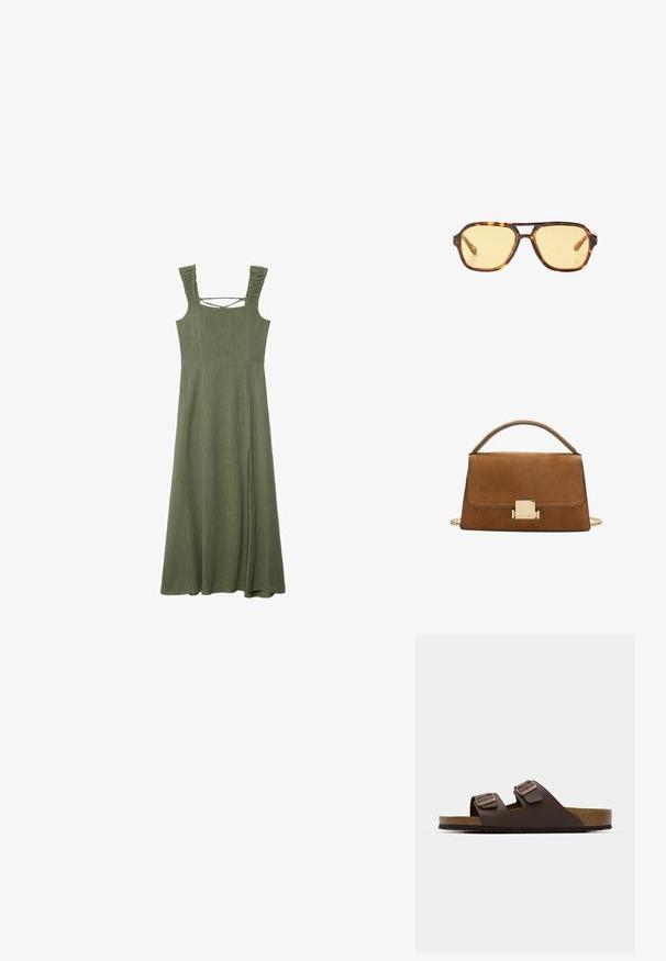 Olivengrøn, ærmeløs maxi-kjole med teksturerede volangstropper og firkantet udskæring; har en sidesplit for nem bevægelse.; Brun, flad slidesandal med to justerbare remme. Lavet af et glat materiale, med en korkfodbed og en struktureret gummisål.; Skildpaddemønstrede solbriller med et geometrisk design, gule linser og metal detaljer på stængerne. Bredt stel og mat overflade.; Brun ruskind handbag med en gylden firkantet spænde, top-håndtag og kæderem. Har en rektangulær form og afrundede kanter.
