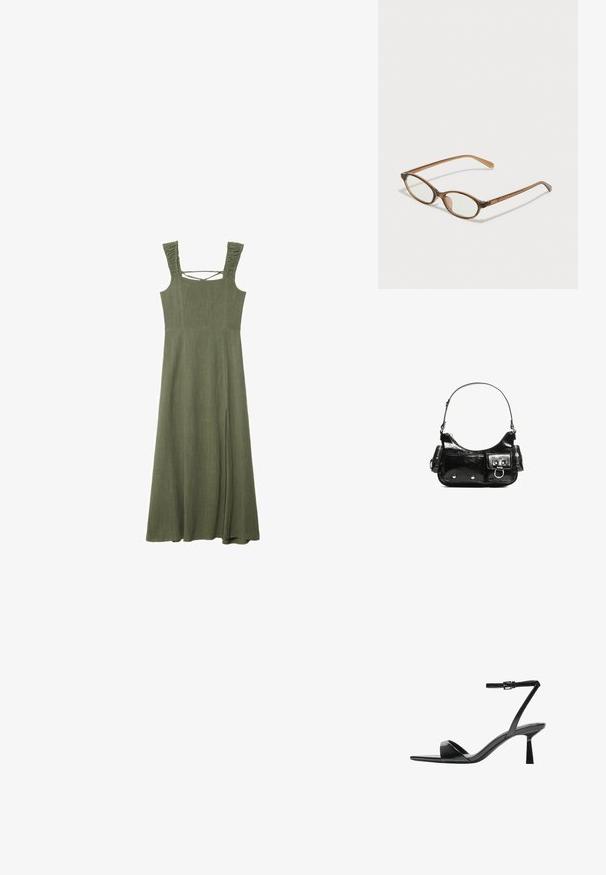 Olivově zelené, bezramínkové maxi šaty s texturovanými volánkovými ramínky a čtvercovým výstřihem; mají boční rozparek pro snadný pohyb.; Bershka Sandály na vysokém podpatku - black; Hnědé želvovinové brýle s oválnými skly, tenkými bočními nohami a průhlednými akcenty. Obsahují decentní logo na stranu. Elegantní, lehký design.; Černá lakovaná kožená kabelka s křivkovým tvarem, jedním ramenním popruhem, předními kapsami a stříbrnými kovovými detaily.