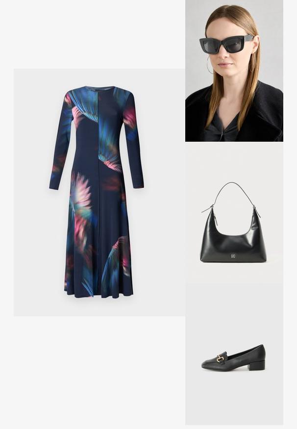 Dlhé rukávy šaty v námořní modrej farbe s farebným kvetinovým vzorom; okrúhly výstrih, priliehavý strih a rozšírený lem. Hladká textúra látky.; Čierne kožené mokasíny s plochým podpätkom, ktoré majú dekoratívny zlatý kovový detail vpredu a hladkú textúru.; Čierne mačacie slnečné okuliare s tmavými sklami, hrubými obručami a jemnými detailami. Nosí sa s čiernym kabátom a sivým topom, pričom má dlhé rovné vlasy.; Čierna hladká kožená taška na rameno s prehnutým vrchom, jedným popruhom, zipsovým uzáverom a malým strieborným logom na prednej strane.