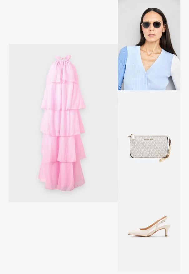 Roosa kaeluskleit, mis sisaldab kihilisi läbipaistvaid kanga kihte, volangitud kaeluse ja pika, voolava siluetti.; Valge slingback konts, terava ninaga, siledast ülemisest materjalist, madala ploki kontsaga ja külgse nähtavusega ning reguleeritava pandla rihmaga.; Ringikujulised prillid tumedate läätsede ja kullast raamiga. Mudel on selga pannud helesinise soonikuga kardigani, millel on nupud ja kontrastsed valged varrukad.; Michael Korsi randmevõru beige kaetud kangast, millel on korduv MK logo muster, kuldne riistvara ja eemaldatav ahelistrap.