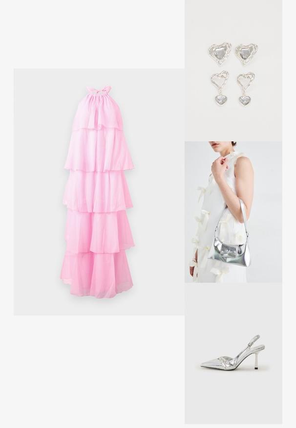 Rosa halterkjole med lagdelte lag av gjennomsiktig stoff, med en samlet halslinje og en lang, flytende silhuett.; Sølv slingback høyhelte sko med spiss tå, metallisk finish, to dekorative stropper, og en slank hæl med svart tupp.; Sølvmetallisk håndveske med en strukturert form, med en topphåndtak og sløyfedetalj foran. Glatt tekstur, reflekterende overflate.; Sølv hjerteformede øredobber har fasetterte klare steiner med en teksturert ramme. Sett inkluderer både stud- og hengende stiler.