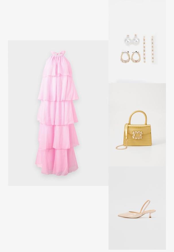 Rochie roz cu bretele, prezentând straturi de țesătură transparentă, cu un guler adunat și o siluetă lungă, fluidă.; Pantofi cu toc slingback din piele patent bej, cu vârf ascuțit și toc subțire, pătrat. Textură netedă și design minimalist, fără detalii decorative.; Geantă galbenă din faux-crocodil cu un design structurat, mână superioară, curea detașabilă cu lanț și embellisment decorativ cu cristale pe închidere.; Trei perechi de cercei: cercei cu perle albe mari, cercei tip cerc din aur cu pietre clare și două cercei lungi, drepți, din aur cu detalii strălucitoare.