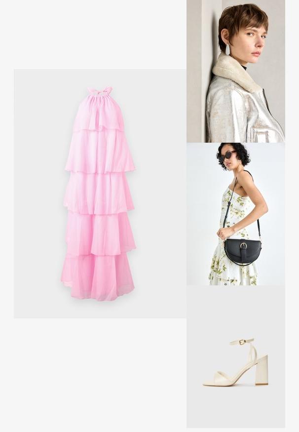 Rosa halterkjole med lagdelte lag av gjennomsiktig stoff, med en samlet halslinje og en lang, flytende silhuett.; Kremfargede helte sandaler med åpen tå, tykk blokkheel, tynn ankelstropp og subtil glansfinish. Spenneakcent på stroppen.; Svart lærveske med en buet form, avtagbar stropp og gullbeslag. Vesken har et klaff med spenne-detall.; Sølvmetallisk lærjakke med lammeskinnskrage, med glidelås og strukturert overflate. Store dråpeformede øredobber med klare edelstener.