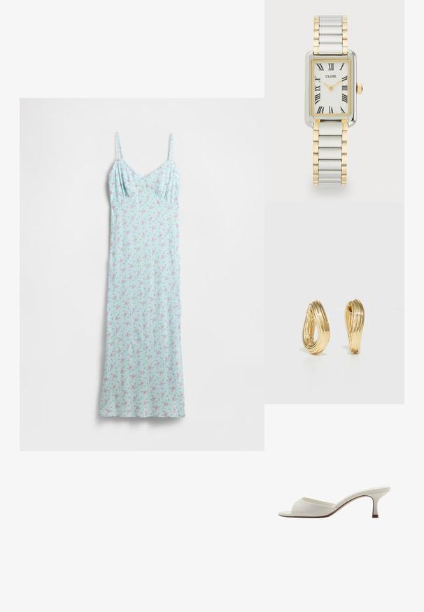 Svetlo modra obleka z rožnatim in zelenim cvetličnim vzorcem. Tančice in oprijeto zgornji del vodijo do pretočne krila. Mehka tekstura tkanine.; Bele odprte visoke petke z gladko površino, minimalističnim oblikovanjem in vitko peto, ki ima subtilen rjav odtenek na podplatu.; Cluse BELISSENA WATCH - Ura - silver-coloured/gold-coloured; Uhani z zlatim tonom v obliki obroča s zasukanim dizajnom, ki ima rebrasto teksturo in gladek finiš. Lahka in votla konstrukcija.