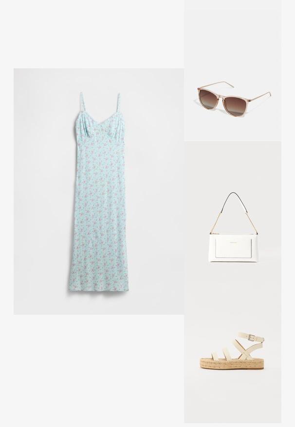 Vaaleansininen mekko, jossa on vaaleanpunainen ja vihreä kukkakuvio. Ohuet olkaimet ja vartalonmyötäinen yläosa, joka johtaa laskeutuvaan hameeseen. Pehmeä kangaspinta.; Beiget nahkakengät, joissa on ristikkäiset remmit, solkisomiste ja jutteinen korotettu pohja. Mallissa on paksu kudottu rakenne ja tasainen pohja.; Ruskean sävyinen aurinkolasimalli, jossa on läpikuultava vaaleanpunainen runko, neliömäinen muoto ja ohuet metalliset varret. Lasimallissa on pyöristetyt reunat ja minimaalinen yksityiskohtaisuus.; Valkoinen nahkalaukku tekstuuripinnalla, jossa on kultaketjuolkaimet ja mustia yksityiskohtia. Mukana etutasku ja vetoketjusulku.