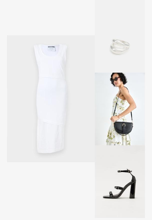 Biała sukienka Moschino z bezrękawowym krojem, okrągłym dekoltem i asymetrycznym dołem. Wykonana z gładkiego, lekkiego materiału.; Czarne lakierowane sandały na obcasie z kwadratowym noskiem, z paskami wokół kostki i srebrnymi klamrami. Posiadają masywny słupek dla stabilności.; Czarna skórzana torebka o zakrzywionym kształcie, z odpinanym paskiem i złotymi akcentami. Torebka posiada klapę z zapięciem w kształcie klamry.; Srebrna obrączka podwójna z gładką, polerowaną powierzchnią. Posiada płynny, zakrzywiony kształt z nakładającymi się sekcjami, co nadaje nowoczesny wygląd.