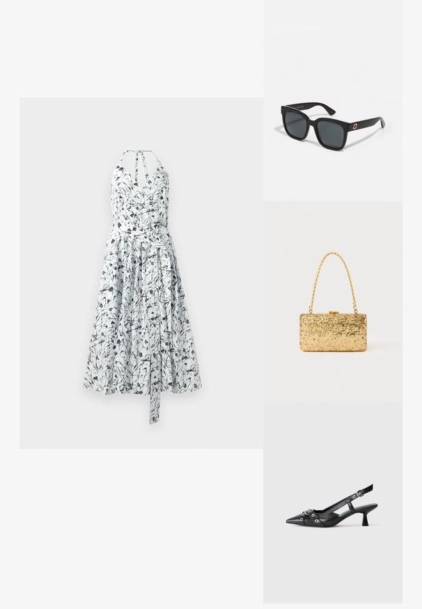 Kvetinová potlač slnečnicového šatu v bielej a čiernej farbe, so zavinovacou korunkou, halter výstrihom, skladanou sukňou a nastaviteľným viazaním v páse.; Čierne kožené slingback topánky s špicatou špičkou, ozdobnými popruhmi s kovovými očkami a nízkym blokovým podpätkom. Textúrovaný povrch.; Čierne slnečné okuliare s obdĺžnikovými šošovkami, s lesklým povrchom a zlatými logovými akcentmi na stranoch. Tmavošedé šošovky poskytujú UV ochranu.; Zlatá flitrová listová taška s obdĺžnikovým tvarom, vybavená skrúteným reťazovým držadlom a kovovým uzatváraním, odrážajúca svetlo s textúrovaným povrchom.