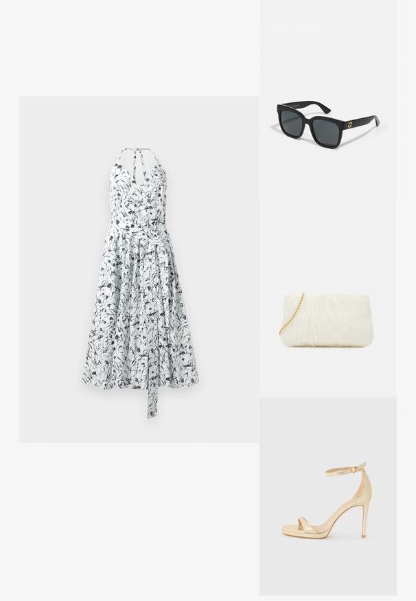 Sukně na ramínka s květinovým potiskem v bílém a černém provedení, s tělem ve stylu zavinování, halter výstřihem, nařasenou sukní a nastavitelným páskem v pase.; Zlaté metalické vysoké sandály na podpatku s otevřenou špičkou, řemínkem kolem kotníku s přezkou a platformou pro větší výšku. Hladký povrch.; Černé sluneční brýle s obdélníkovými skly, s lesklým povrchem a zlatými logovými akcenty na nožkách. Temně šedá skla poskytují UV ochranu.; Bílá texturovaná kabelka s uloženým designem, vybavená zlatým řetízkem. Hladký povrch s jemnými vlnami a zaoblenými okraji.