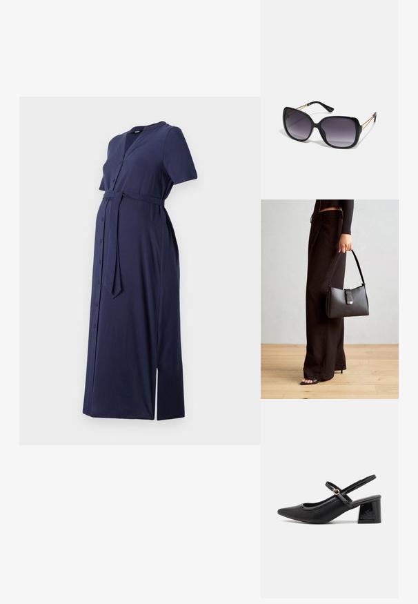 Vestido de maternidade azul-marinho, de manga curta, com fecho de botões na frente, cinto na cintura e fenda lateral. Feito de um tecido suave e liso.; Sabrinas de cerâmica preta com salto bloco, bico apontado e um design com recortes arredondados. Apresenta um detalhe em fivela de tom dourado.; Óculos de sol oversized pretos com lentes degradê, armações grossas e detalhes em corrente dourada nas hastes.; Bolsa preta com forma estruturada, textura suave e um fecho metálico. Combinada com calças largas pretas e sandálias de salto aberto sobre um chão de madeira.
