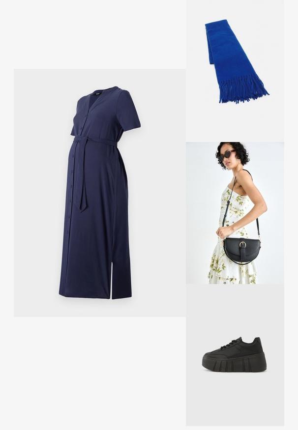Vestido de maternidade azul-marinho, de manga curta, com fecho de botões na frente, cinto na cintura e fenda lateral. Feito de um tecido suave e liso.; Tênis pretos de plataforma com parte superior sintética lisa, bico arredondado, design com atacadores e sola espessa e estriada para adicionar altura.; Cachecol azul tecido com extremidades franjas, textura suave, forma retangular e cor uniforme em todo o comprimento. Adequado para clima frio.; Bolsa de couro preta com forma curva, alça destacável e detalhes em dourado. A bolsa possui uma aba com detalhe de fivela.