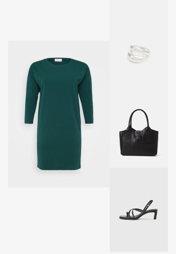 Tamsiai žalia, iki kelių besidriekiančio suknelė, pagaminta iš minkštos medžiagos. Yra apvalus iškirpimas ir trečdaliu ilgio rankovės, laisvo fasono ir be matomų raštų.; Juodi šlepetės su kvadratiniu pirštu ir žemu bloku kulnu. Yra keli ploni dirželiai ir reguliuojamas kulkšnies diržas. Pagaminti iš lygios odos.; Juodas odinis nešiojamas krepšys su lygiu paviršiumi, struktūrine forma, dviem rankenėlėmis ir ryškiu sidabriniu sagties akcentu priekyje.; Sidabrinis dvigubas žiedas su lygiu, poliruotu paviršiumi. Pasižymi sklandžiu, kreiptu dizainu su persipinančiomis dalimis, suteikiančiomis modernų išvaizdą.