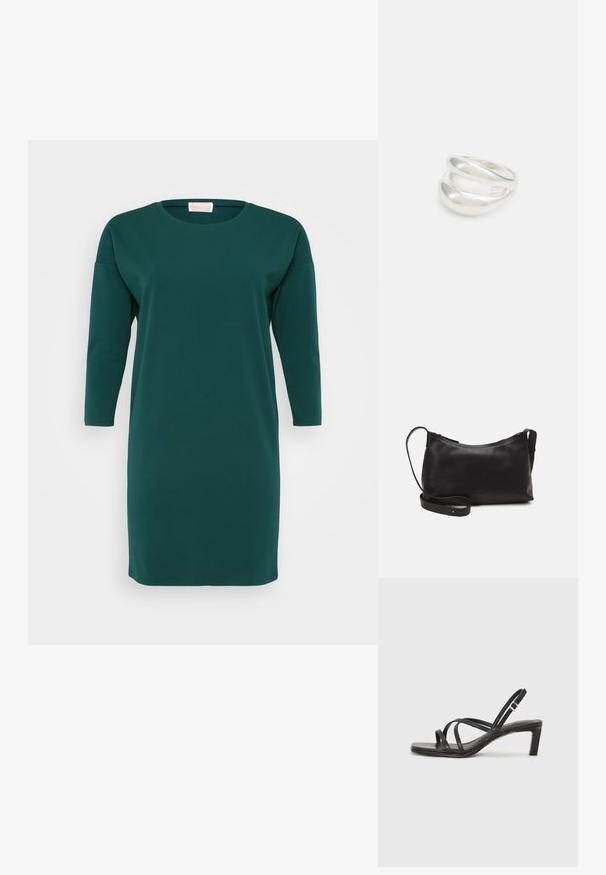 Musta vihreä, polvipituinen mekko pehmeästä kankaasta. Siinä on pyöreä pääntie ja kolmannesosa-hihat, rento istuvuus ja ei näkyviä kuvioita.; Mustat hihnalligat, joissa on neliön muotoinen kärki ja matala lohkokorko. Ominaisuuksiin kuuluu useita ohuita hihnoja ja säädettävä nilkkahihna. Valmistettu sileästä nahasta.; Musta nahkainen olkalaukku, jossa on sileä pinta, kaareva muoto, säädettävä hihna ja vetoketjukiinnitys. Minimalistinen muotoilu ilman koristeita.; Hopeinen kaksinkertainen rengas, jossa on sileä, kiillotettu pinta. Siinä on sulava, kaareva muotoilu, jossa on päällekkäisiä osia modernin ilmeen saavuttamiseksi.