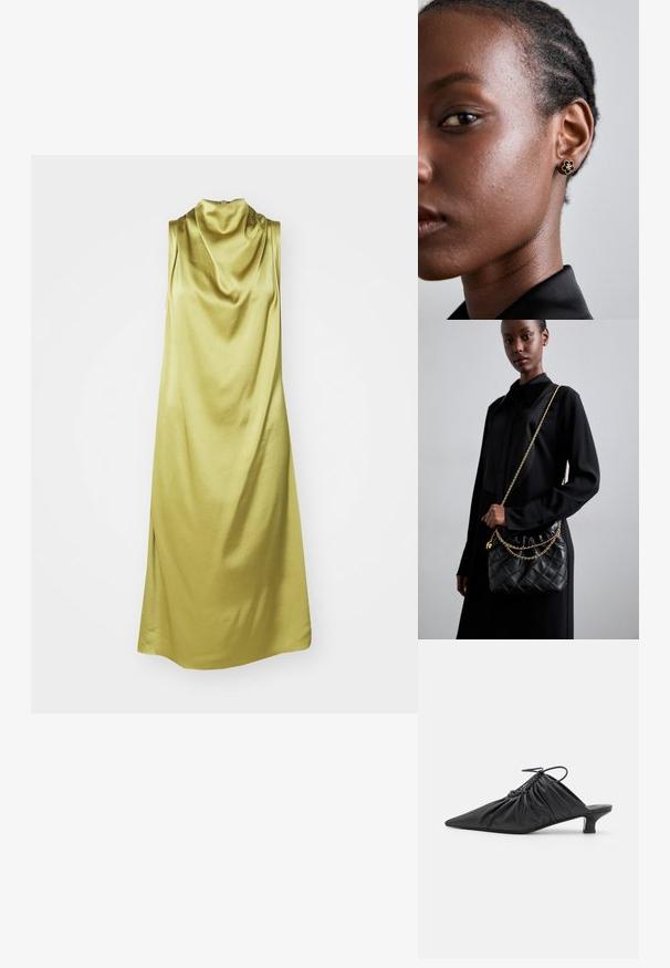 Haljina bez rukava s okruglim izrezom u vibrantnoj svijetlozelenoj svili, koja se odlikuje mekom teksturom i lepršavim siluetom s bočnim prorezima.; Crne kožne cipele bez pete s oštrim vrhom, nabranim teksturom i malom kitten petom. Imaju detalj na vezanje na otvaranju.; Crna naslagana kožna torba s naboranim vrhom, zlatnim lančićem i pravokutnim oblikom, držana uz jednostavnu pozadinu.; Zlatne cvjetne naušnice sa teksturiranim crnim središtem i delikatnim detaljima. Na profilu su vidljive modelove bistre kože i pletena kosa.