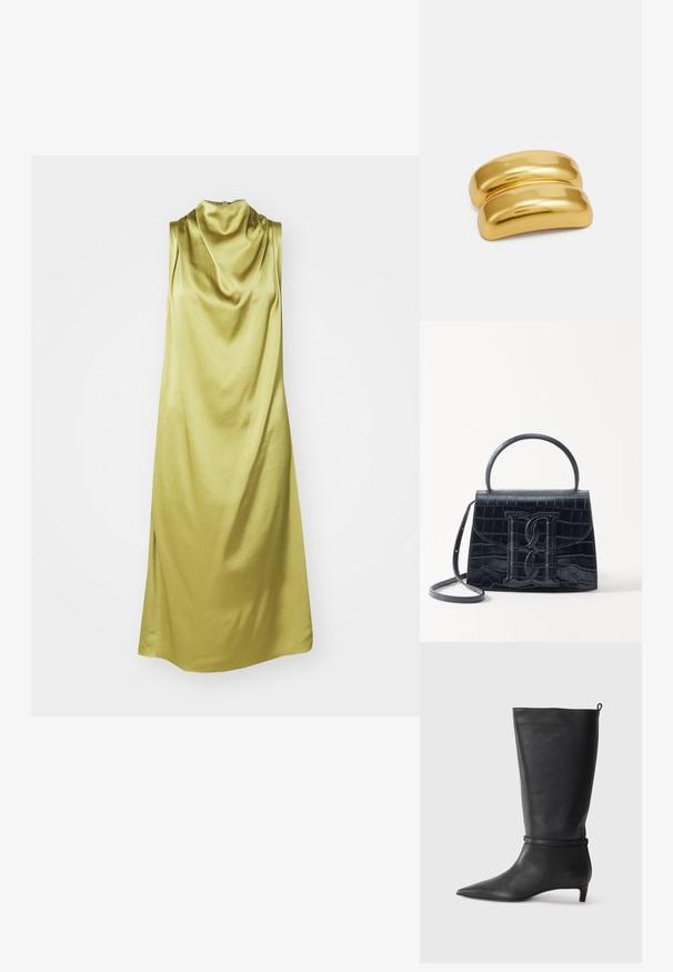 Ärmelloses Kleid mit Schalkragen aus lebhaftem, hellgrünem Seidenmaterial, das über eine weiche Textur und eine fließende Silhouette mit Seitenschlitzen verfügt.; Schwarze Lederkniehohe Stiefel mit spitzem Zehen, akzentuiert durch einen runden Riemen um das Knöchel und einen niedrigen, tapernden Absatz. Glatte Textur.; Schwarze Handtasche aus Krokodilprägung mit strukturiertem Design, Oberhandgriff, verstellbarem Tragegurt und einem auffälligen Logo-Detail auf der Vorderseite.; Goldfarbener Metallhaarnadeln mit einem glatten, runden Design. Die Oberfläche ist spiegelnd und weist eine verbundene, geschwungene Form ohne zusätzliche Verzierungen auf.