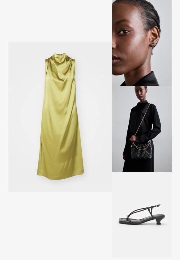Šaty bez rukávov s volným výstrihom v živej svetlozelenej hodvábe, s jemnou textúrou a splývajúcim strihom so bočnými rozparkami.; Čierne kožené sandále s tenkými remienkami, nízkym blokovým opätkom a štvorcovou špičkou. Majú pracku na uzatvorenie a hladký povrch.; Čierna prešívaná kožená kabelka s naťahovacím vrchom, zlatým reťazovým popruhom a obdĺžnikovým tvarom, držaná pred jednoduchým pozadím.; Zlaté kvetinové náušnice s hmotným čiernym stredom a jemnými detailmi. Modelka má na boku viditeľnú čistú pleť a zapletené vlasy.
