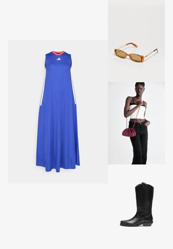 Sininen maksimekko, joka on valmistettu kevyestä kankaasta, pyöreällä pääntiellä, olkaimettomalla muotoilulla ja punaisilla yksityiskohdilla kauluksessa. Sivupinnat valkoiset.; Musta nahkainen cowboy-boot, joka ulottuu puoliväliin säärtä, teräväkärkinen, kulmahepo, yläosassa vetonauha ja vähäinen koristeommel.; Ruutukuvioiset ruskeat aurinkolasit, joissa on suorakulmaiset kehykset, kultaiset metalliset varret ja vaaleanruskeat linssit. Tyylikäs muotoilu, ei näkyviä logoja.; Burgundi pehmeast kangast käekott, millel on kortsuline disain ja pikk rihm, kantud üle rinna. Modell kannab valget lühikest toppi ja musti teksaseid.