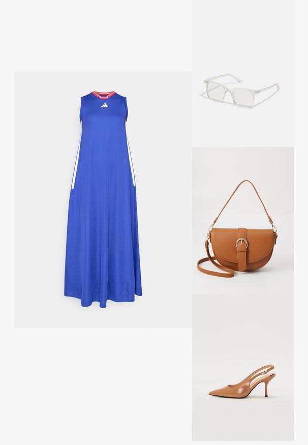 Niebieska maks Dress wykonana z lekkiego materiału, z okrągłym dekoltem, bez rękawów i czerwonymi akcentami przy kołnierzyku. Białe pasy po bokach.; Sandały na obcasie z kwadratowym noskiem, wykonane z gładkiego, błyszczącego materiału w kolorze brązowym. Charakteryzują się zaokrąglonym wycięciem i smukłym obcasem typu stiletto. Detal w postaci srebrnej klamry.; Przezroczyste, kwadratowe okulary z plastiku z półprzezroczystymi soczewkami, z złotymi akcentami na zausznikach dla dodatkowego wykończenia.; Brązowa skórzana torba na ramię o zaokrąglonym kształcie, ze złotymi akcentami i zapięciem w formie klamry. Posiada odpinany pasek na ramię.