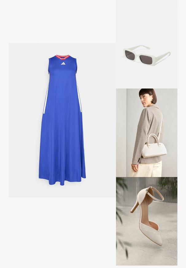 Sinine maxi kleit kergest kangast, ümar kaelus, ilma varrukateta disain ja punased aktsendid krael. Küljel valged triibud.; Valged kõrged kontsad siledast materjalist, terava ninaga ja pahkluu rihmaga. Omab heledat pruunikat sisetalu ja kuldset riistvara aktsenti.; VOGUE Eyewear Päikeseprillid - full ivory/black smoke; Valge struktureeritud käekott lühikeste käepidemete ja õlavööga, millel on kuldse riistvara aktsendid ja tekstuuriga materjal, eksponeeritud halli taustal.