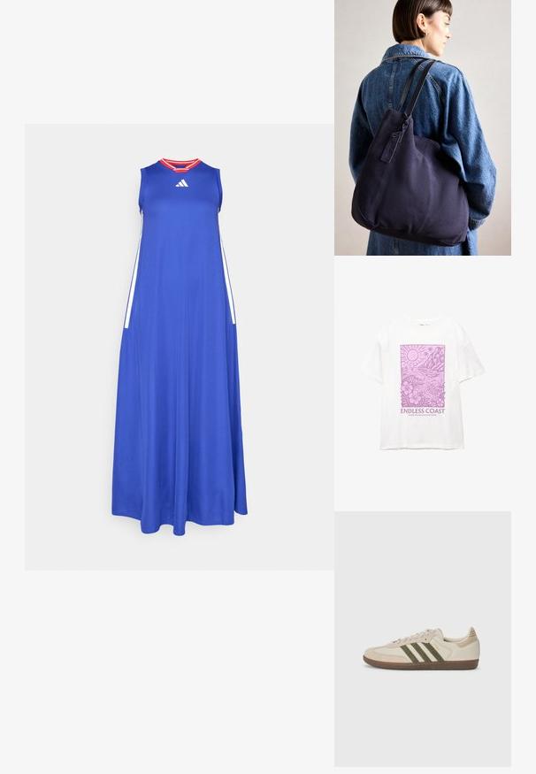 Sininen maksimekko, joka on valmistettu kevyestä kankaasta, pyöreällä pääntiellä, olkaimettomalla muotoilulla ja punaisilla yksityiskohdilla kauluksessa. Sivupinnat valkoiset.; Valkoinen t-paita, jossa on violetilla grafiikalla esitetty aurinko, aallot, palmupuut, kukat ja merikilpikonna, tekstillä "Loppumaton ranta" ja "Missä meri tuntuu kodilta."; adidas Originals SAMBA OG UNISEX - Matalavartiset tennarit - alumina/medium dark khaki/gum; La handbag delikaatti muotoilu, jossa on pehmeä, mutta hyvin muotoiltu rakenne, musta olkahihna, ommellut yksityiskohdat ja pieni brändilappu.