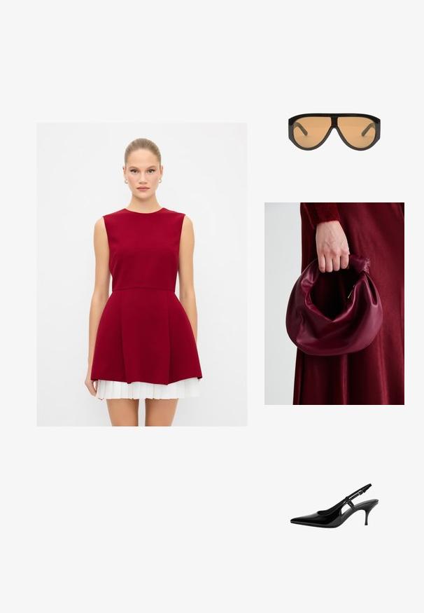 Burgundské šaty bez rukávů s přiléhavým korzetem, rozšířenou sukní a bílými plisovanými detaily na lemu. Hladká látka s čistým siluetou.; Černé lakované kožené lodičky typu slingback s špičatou špičkou, otevřenými bočními výřezy, štíhlým podpatkem a nastavitelným páskem kolem kotníku.; Černé oversized sluneční brýle s hnědými skly, které mají široké, úhlové rámy a rovné nožičky. Hladký lesklý povrch, minimální hardware.; Burgundská kožená kabelka s měkkým, nabíraným designem a zaobleným tvarem. Ucho je zajištěné a vykazuje hladkou texturu.