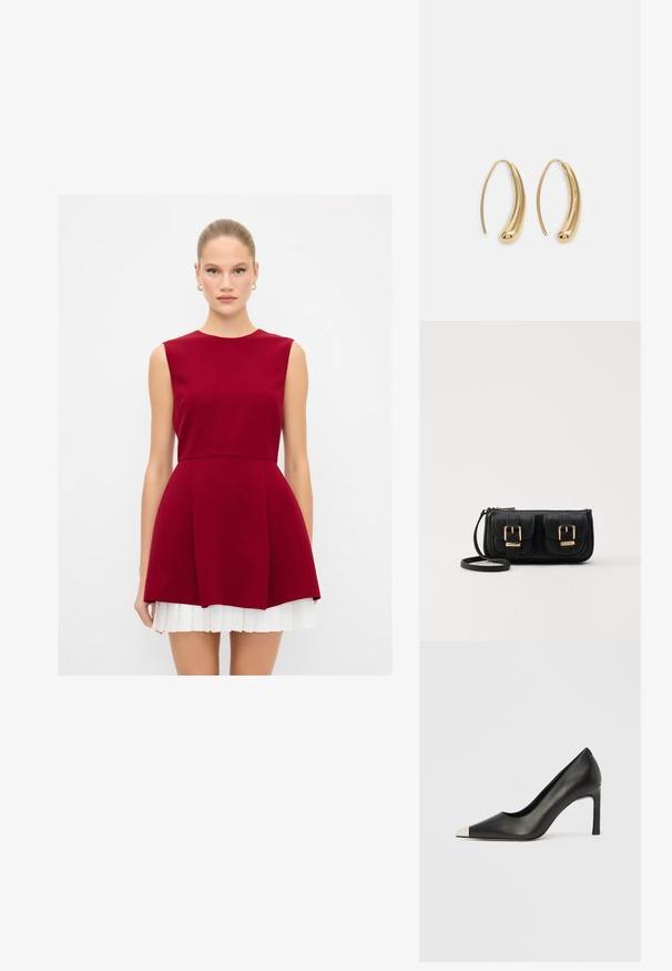 Bordeauxsfarvet ærmeløs kjole med tætsiddende overdel, yndig skørt og hvide plisserede detaljer ved kanten. Glat stof med et rent silhouet.; Sort læder højhælet sko med spids tå og metal-sølv hætte. Har en glat finish og en slank hæl på 10 cm.; Sort læder crossbody taske med to frontlommer, guldspænder, lynlåslukning og en slank rem. Struktureret overflade og kompakt rektangulær form.; Guldfarvede metal hoops øreringe med en bøjet, forlænget form. Har en glat, skinnende overflade og en afrundet spids for ekstra detalje.