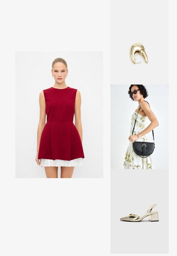 Bordeauxsfarvet ærmeløs kjole med tætsiddende overdel, yndig skørt og hvide plisserede detaljer ved kanten. Glat stof med et rent silhouet.; Guld, metalliske slingback-hæle med spids tå og kraftig hæl. Glat tekstur, minimalistisk design og en smal strop.; Sort læderhåndtaske med en buet form, aftagelig rem og guldfinish. Tasken har en klap med en spænde detalje.; Guldtonet metal ørering med et slankt, buet design. Har en karakteristisk spids form, poleret overflade og hængselåbning.