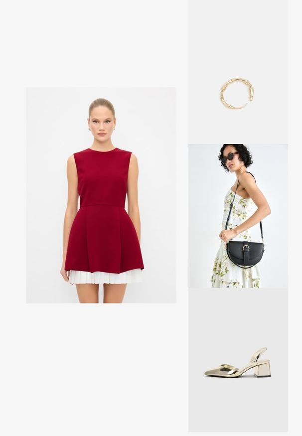 Burgundowa sukienka bez rękawów z dopasowanym gorsetem, rozkloszowaną spódnicą i białymi plisowanymi akcentami u dołu. Gładki materiał o czystej sylwetce.; Złote, metaliczne szpilki z boku z wydłużonym noskiem i grubym obcasem. Gładka faktura, minimalistyczny design i wąski pasek.; Czarna skórzana torebka o zakrzywionym kształcie, z odpinanym paskiem i złotymi akcentami. Torebka posiada klapę z zapięciem w kształcie klamry.; Pierścionek w odcieniu złota z organicznym, skręconym wzorem, o gładkiej fakturze i zwężających się końcach, tworzący nowoczesny, rzeźbiarski wygląd.