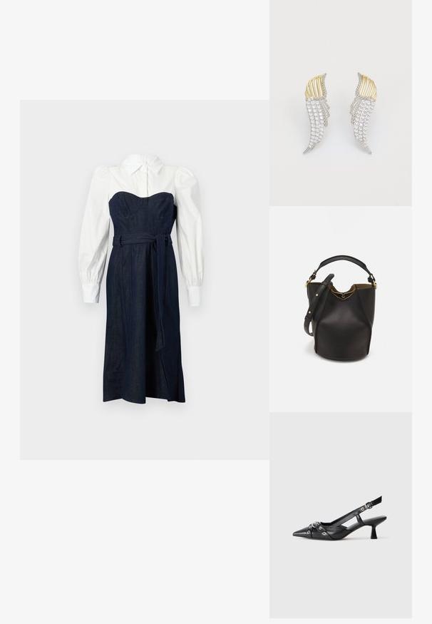 Džinsinė suknelė su struktūrizuotu tamsiai mėlynu korsetu ir baltomis marškinių stiliaus rankovėmis. Yra prigludusi talija ir atitinkamas rišamas diržas.; Juodas odinis slingback tipo batai su smailiu priekiniu atvartu, dekoratyvinėmis sagtimis su metaliniais akyčiais ir žemu blokiniu kulnu. Saldus paviršius.; Juodas odinis kibiro tipo krepšys su tekstūruotu paviršiumi, auksiniais detalėmis ir atvira viršūne. Yra trumpa rankena ir reguliuojama petneša.; Du vienodą formą auskarai, pagaminti iš sidabro spalvos metalo su skaidriais, apvalaus pjūvio cirkoniais ir auksinės spalvos metaliniais akcentais sluoksniuotame dizaino sprendime.