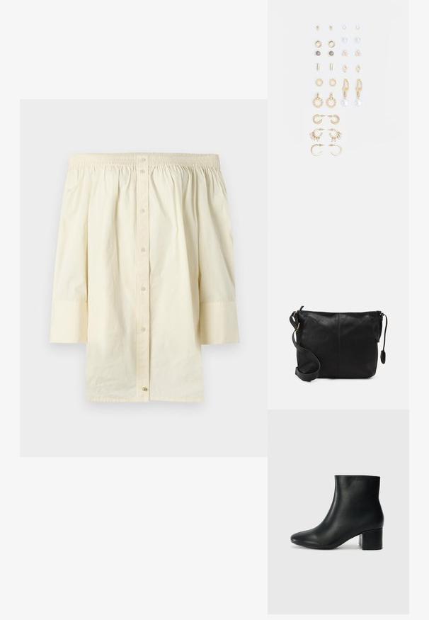 Off-shoulder, kremfarget topp laget av bomull. Har innsamlet halslinning, knappfeste foran og trekvartlengde ermer.; Sorte skinn ankelsko med spiss tå og chunky hæl. Glatt tekstur med minimale detaljer og et elegant, tettsittende design.; Svart skinn crossover-veske med flat form, gullfarge detaljer og justerbar stropp. Glatt tekstur med minimale sømmer.; Sett med gullfargede øredobber med ulike design, inkludert stikkere, hoops og hengende deler med perler og rhinestones.