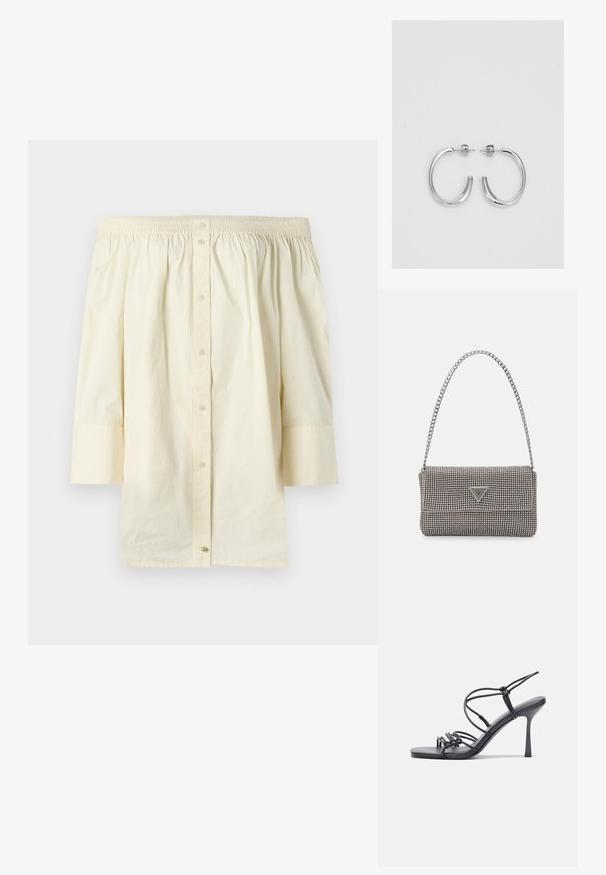 Õlavarrelt avatud, kreemivärvi puuvillane topp. Omab volditud kaelust, nööbiga esiosa ja kolmandiku pikkusega varrukaid.; Mustad musta värvi kontsandaalid on varustatud peente rihmadega, millel on sõlmekujundus, siledad ruudukujulised varbad ja stiilne stilettokonts.; Helehall metallik handbags, millel on kett, kaunistatud väikeste ümmarguste metallist õmblustega ja kolmnurkse brändi logoga.; Hõbedast rõngaskõrvarõngad sileda ja läikiva pinnaga, kõveriku kujuga ning postitaksega sulgur. Minimalistlik disain kaasaegse viimistlusega.