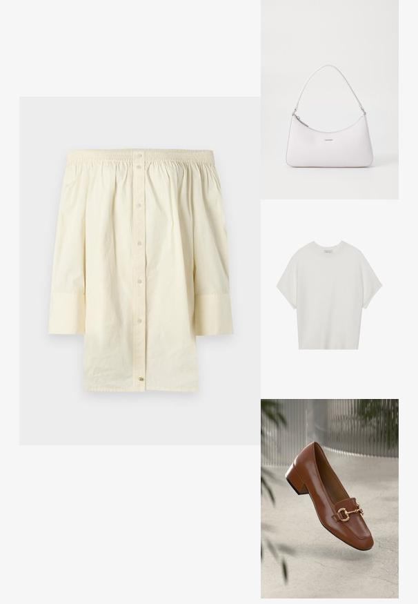 Top color crema a spalle scoperte realizzato in cotone. Presenta un colletto arricciato, chiusura con bottoni e maniche a tre quarti.; T-shirt bianca a maniche corte con scollo rotondo ampio e texture a coste, realizzata in tessuto morbido, caratterizzata da una vestibilità rilassata e un design pulito.; Mocassino in pelle verniciata marrone con punta quadrata, accentato da catena metallica e tacco basso; texture liscia, design minimalista.; Borsa a tracolla in pelle rosa con design curvo, chiusura con zip e dettagli in metallo argentato. Logo minimalista sul davanti.